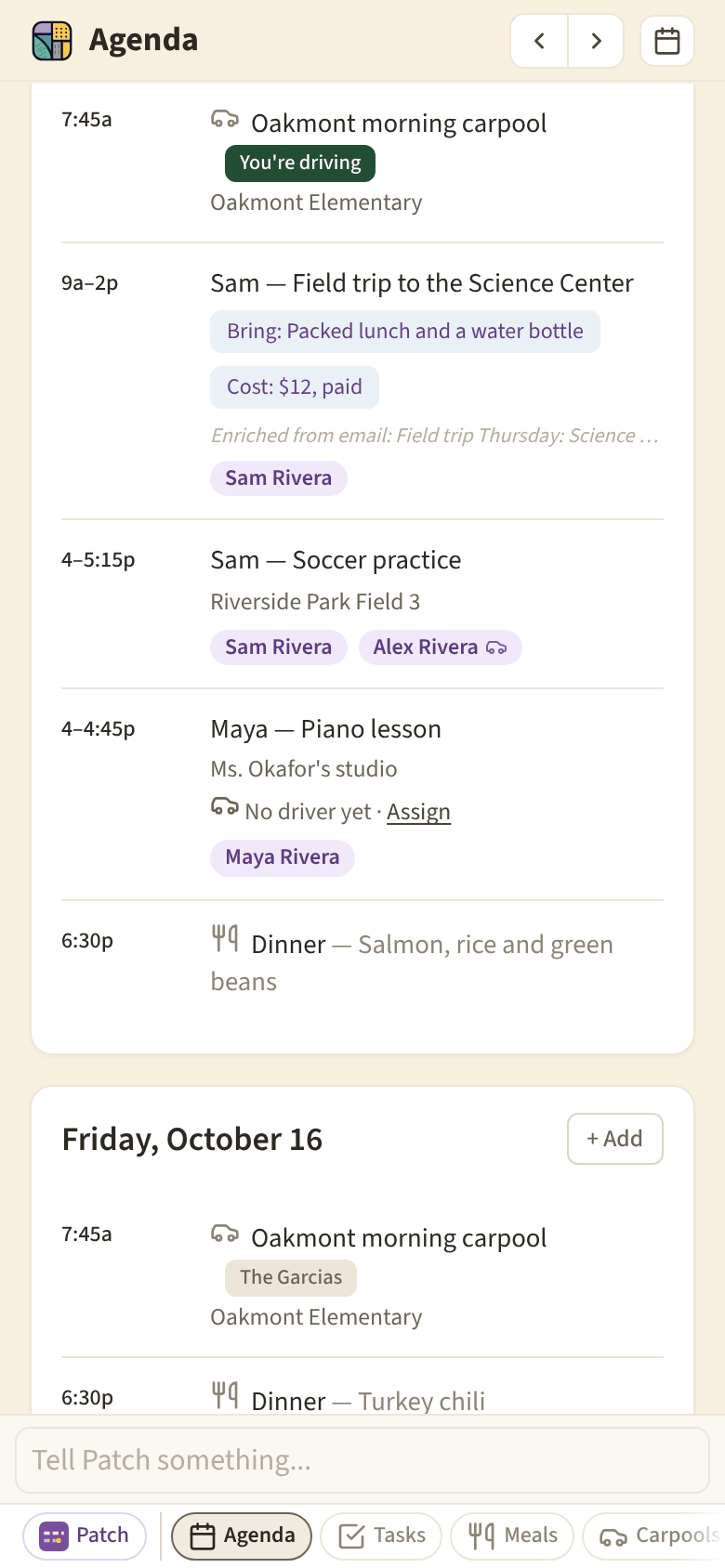 The agenda for a busy weekday: carpool, school, practice and dinner, with who is going and who is driving